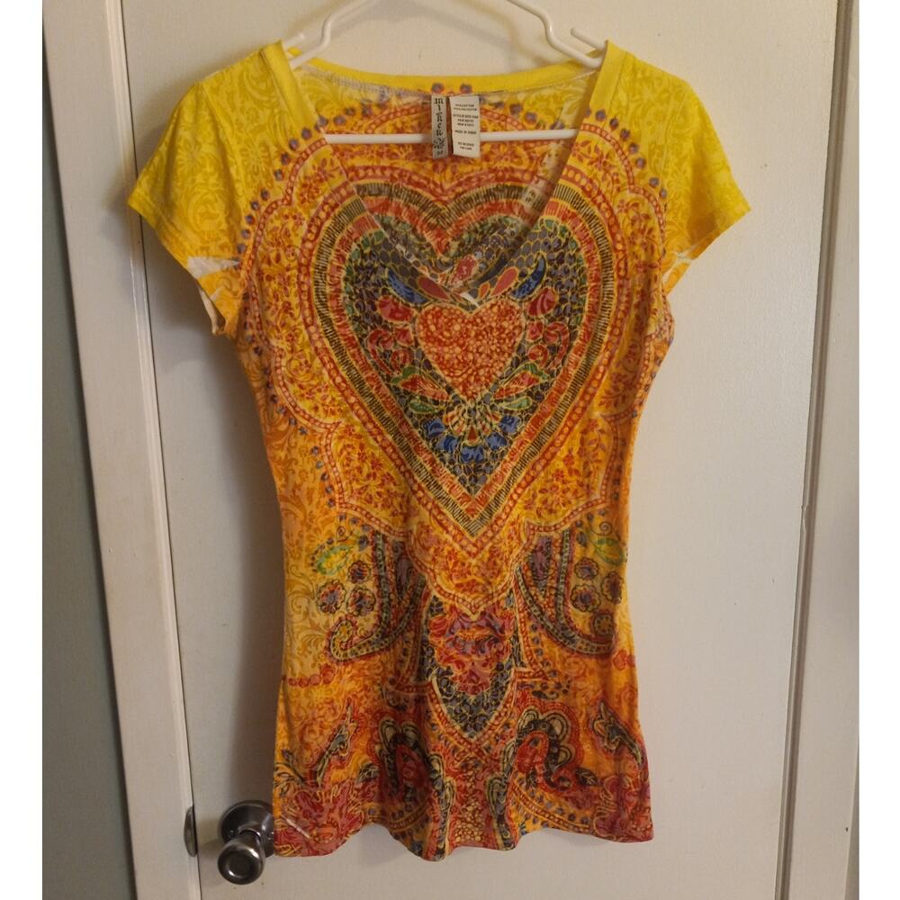 Miken Yellow Paisley Heart Tunic Top Medium Boho Hippie Festival Dopamine